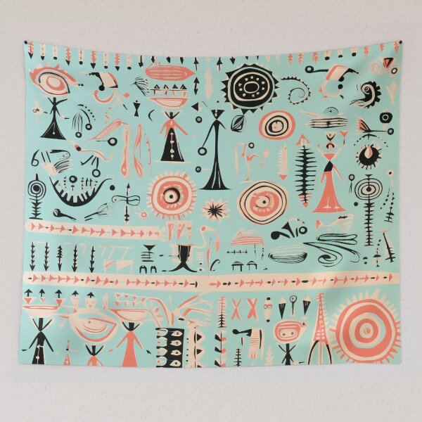 Item preview, Kaleidoscope of Whimsy: Warli AI Motifs in Cyan, Salmon, and Black designed and sold by midmonty.