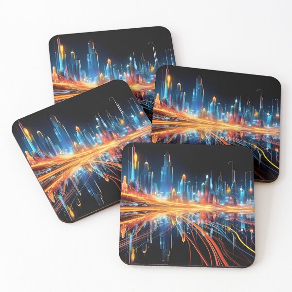 Item preview, An energetic skyline of futuristic New York in the style of speed, motion and fluorescent light trails designed and sold by AI-Only Creations.