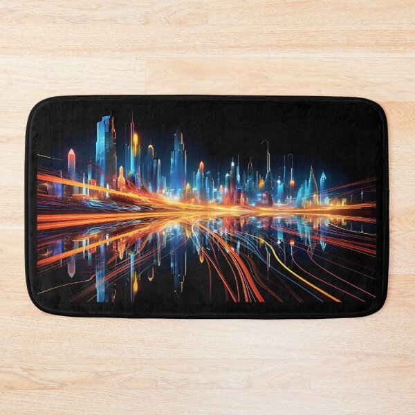 Item preview, An energetic skyline of futuristic New York in the style of speed, motion and fluorescent light trails designed and sold by AI-Only Creations.
