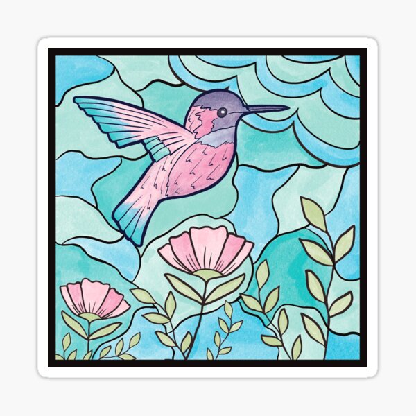 Pretty Hummingbird And Flowers On Stained Glass