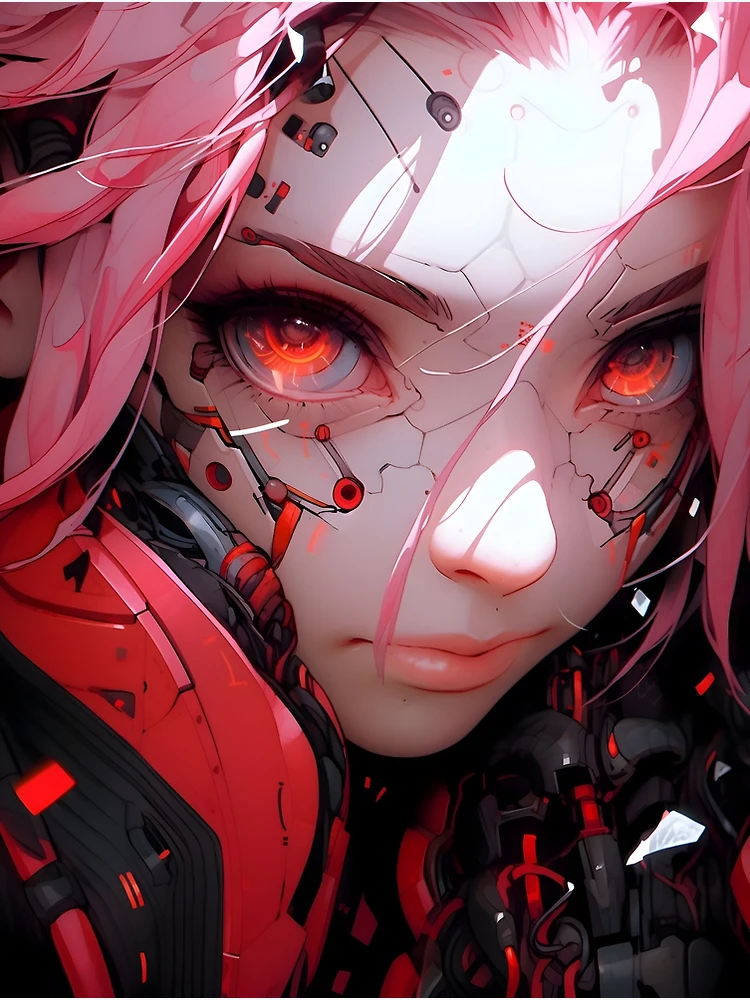 Lexica - Digital cyberpunk anime character concept art, gorgeous anime girl  symmetrical face, small female android cyborg - angel, glowing red left e