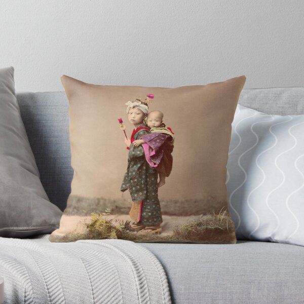 Japanese child carrying baby Throw Pillow