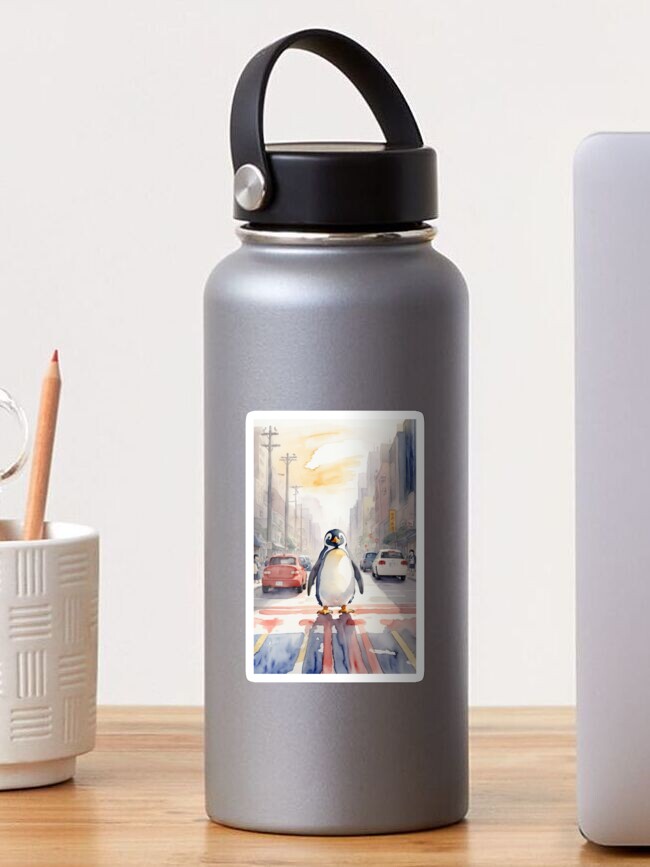 Thumbnail 1 of 3, Sticker, Penguin waddling in traffic designed and sold by TeeMugs3.