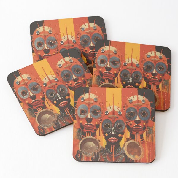 Item preview, Pop Art Vintage Image of African Drawing of Masks with Traditional Indigenous Colorful Face Painting designed and sold by Je-we.