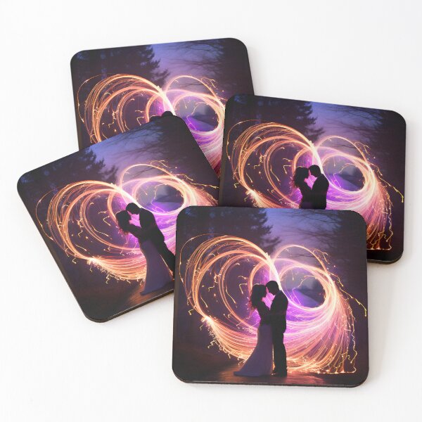 Item preview, Night photography of a couple in love surrounded by swirling fluorescent light trails and love lines  designed and sold by AI-Only Creations.