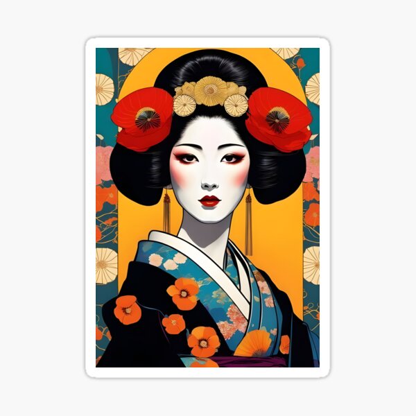 Delicate Geisha with Poppy Flowers Sticker