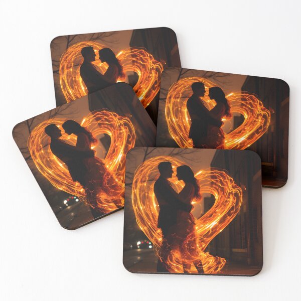 Item preview, Night photography of a couple in love with fire sculptures in the street in the style of swirling vortexes forming a heart designed and sold by AI-Only Creations.