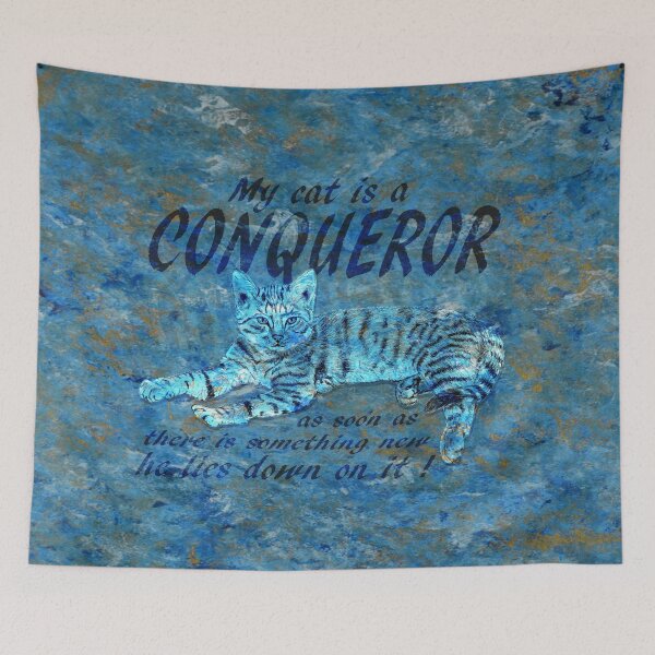 Item preview, Conquering cat - marbled blue-gold version, text in English. designed and sold by SylvieG18.