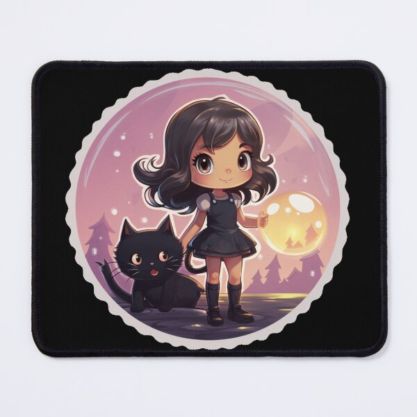 Item preview, cute girl with black cat in bubble fantasy world (black background) designed and sold by Tabuku.
