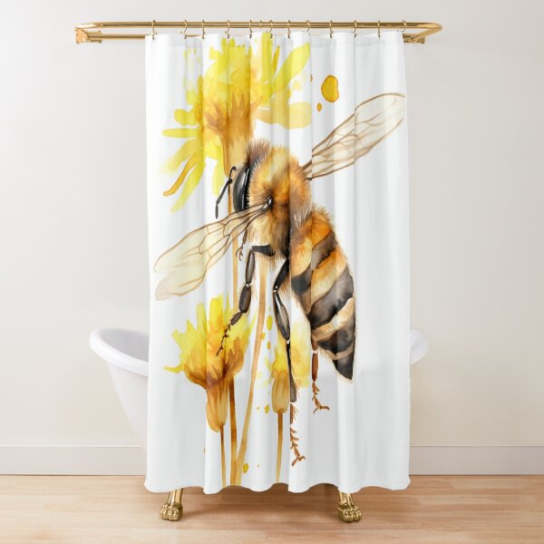 Bumble Bee Shower Curtain, Fluffy Bee with Wings, Yellow Daisy