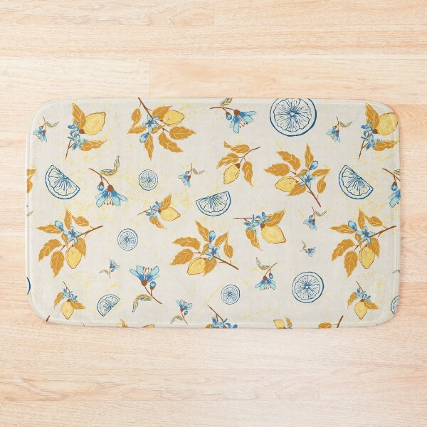 Item preview, Hand Drawn Lemon branches in cream gold mustard yellow leaf aqua blue food floral citrus spring summer kitchen nursery feminine children apparel bohemian designed and sold by Jean-Pham.