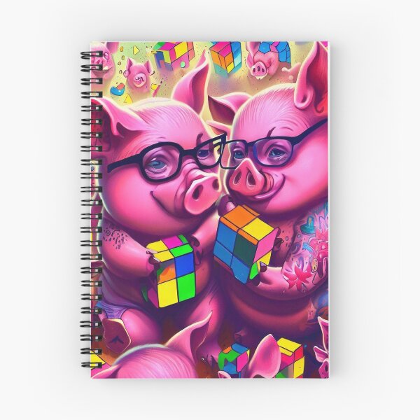 Aperçu de l'œuvre Vision colorée : Duo de cochons avec tatouages et lunettes résolvant un Rubik's Cube mystique créée et vendue par ZefbrixFastvale.