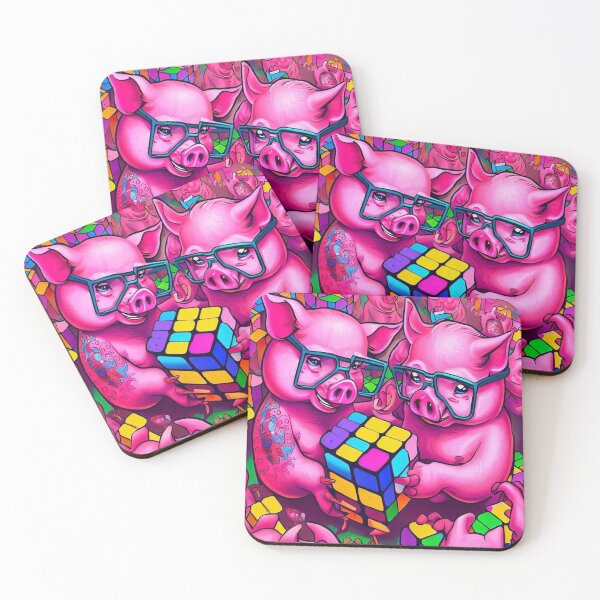 Item preview, Artistic Pigs: Pink Inked Swine in Glasses Engage in a Whimsical Rubik's Cube Play designed and sold by ZefbrixFastvale.