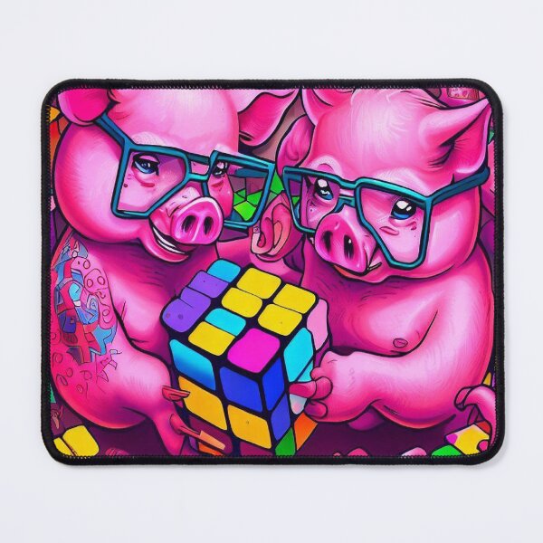 Item preview, Artistic Pigs: Pink Inked Swine in Glasses Engage in a Whimsical Rubik's Cube Play designed and sold by ZefbrixFastvale.