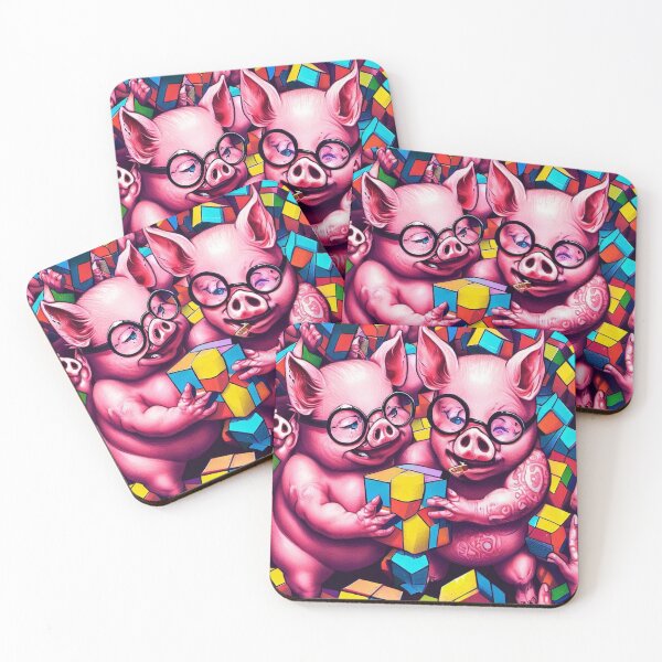 Item preview, Inked and Intelligent: Pink Piglets with Glasses Conquer a Fantastical Rubik's Cube designed and sold by ZefbrixFastvale.