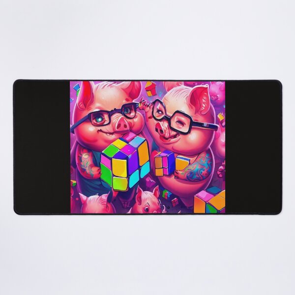 Item preview, Ethereal Puzzle Play: Tattooed Pink Pigs and Spectacled Adventure with a Rubik's Cube designed and sold by ZefbrixFastvale.