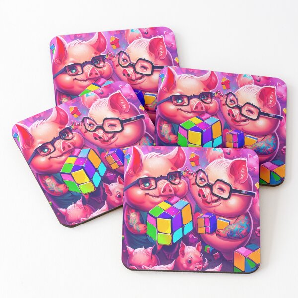 Item preview, Ethereal Puzzle Play: Tattooed Pink Pigs and Spectacled Adventure with a Rubik's Cube designed and sold by ZefbrixFastvale.