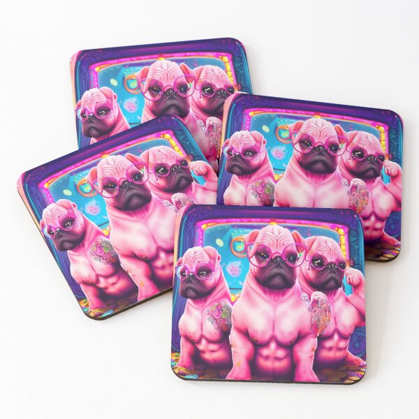 Item preview, Pink Tattooed Pug Trio Dives into Virtual Worlds Amidst a Sea of Colorful Game Coins designed and sold by OdielleRbeam.