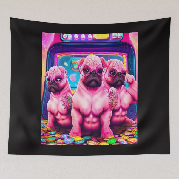 Item preview, Pink Tattooed Pug Trio Dives into Virtual Worlds Amidst a Sea of Colorful Game Coins designed and sold by OdielleRbeam.