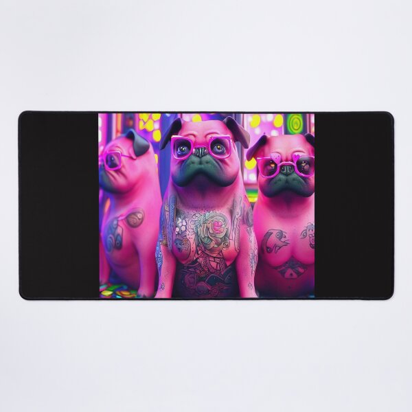 Item preview, Whimsical Gaming Frenzy: Three Pink Pugs with Tattoos Engage with Virtual Delights designed and sold by OdielleRbeam.