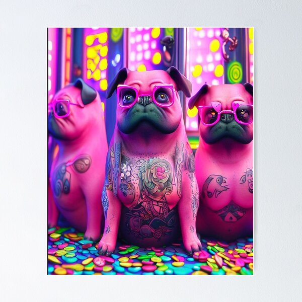 Item preview, Whimsical Gaming Frenzy: Three Pink Pugs with Tattoos Engage with Virtual Delights designed and sold by OdielleRbeam.