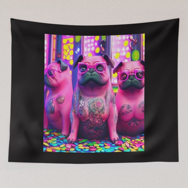 Item preview, Whimsical Gaming Frenzy: Three Pink Pugs with Tattoos Engage with Virtual Delights designed and sold by OdielleRbeam.