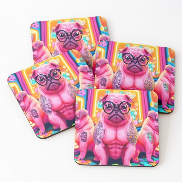 Item preview, Playful Pug Adventure: Inked Pink Trio Explores Digital Realms Amid Rainbow Tokens designed and sold by OdielleRbeam.