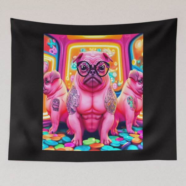 Item preview, Playful Pug Adventure: Inked Pink Trio Explores Digital Realms Amid Rainbow Tokens designed and sold by OdielleRbeam.