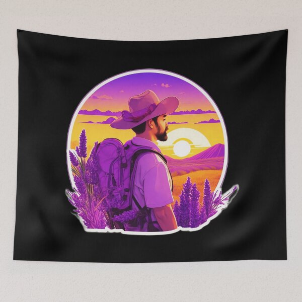Item preview, Explorer Watching Retro Sunset over Lavender Field designed and sold by Ridiculam Toga.