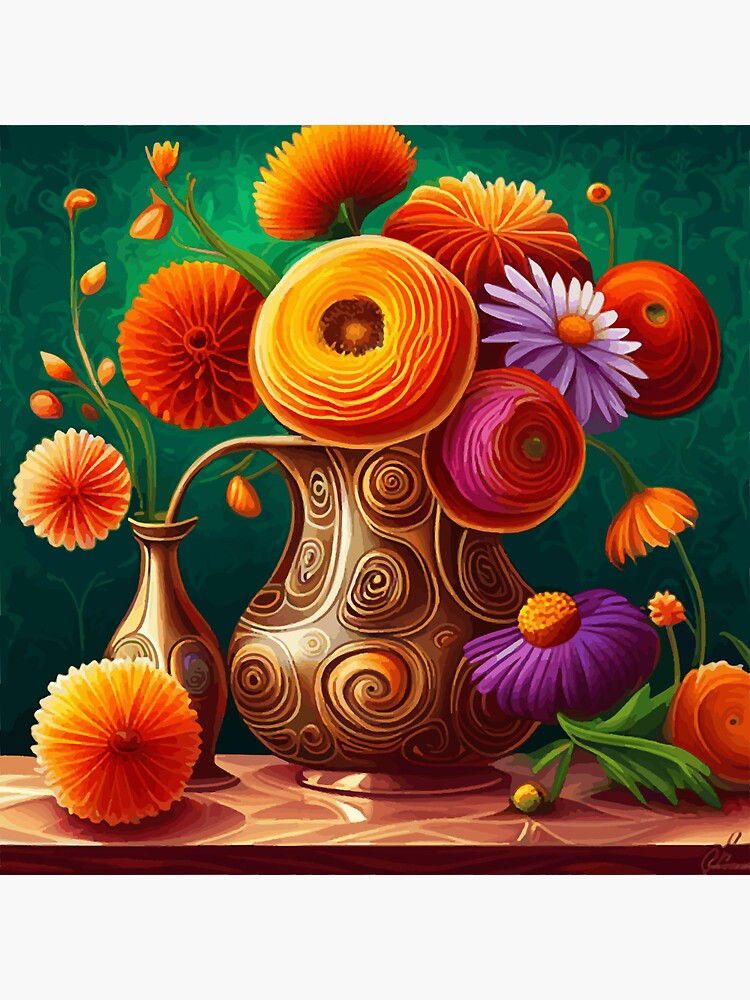 Peculiar Psychedelic Flowers in a Copper Vase Still Life Painting Sticker  for Sale by Vicky Brago-Mitchell®