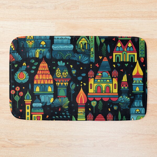 Item preview, Colorful fantasy pattern orange blue red green turquoise yellow ornaments houses castles designed and sold by G-M-Designs.