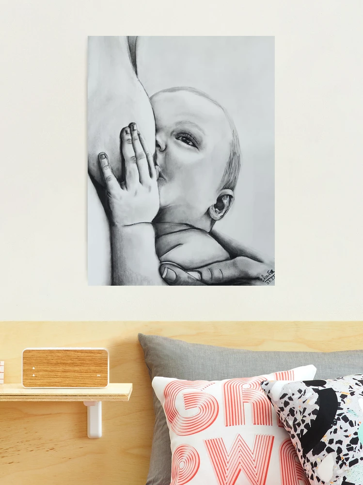 Carte de vœux avec l'œuvre « portrait réaliste noir et blanc d'une maman  qui allaite son bébé amour maternel » de l'artiste claireb69