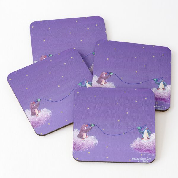 Item preview, Two penguins play telephone with cups and string across a violet starry sky.  designed and sold by PenguinGirl-Art.