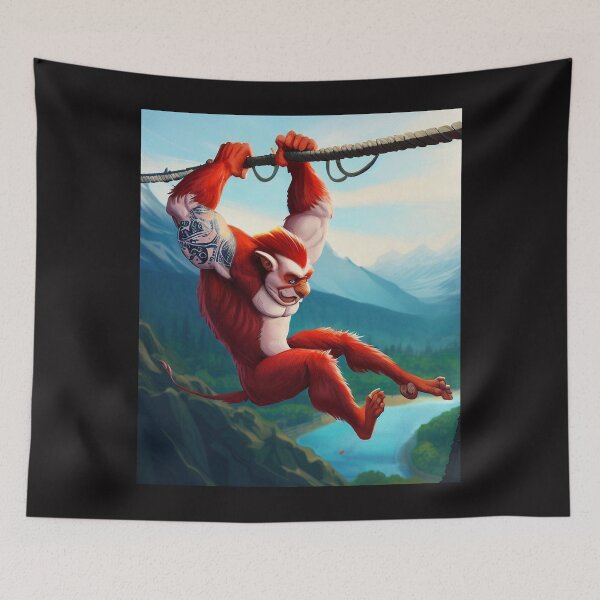 Item preview, Suspended Excitement: Red Monkey's Bungee Jumping Amidst Epic Valley Landscape designed and sold by GlotteSuocks.