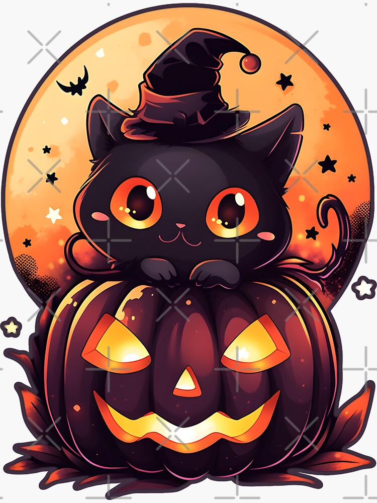 Kawaii Witchy Cat and Jack-o-Lantern Pumpkin - Cute Halloween Apparel &  Merchandise Sticker by Shegohi