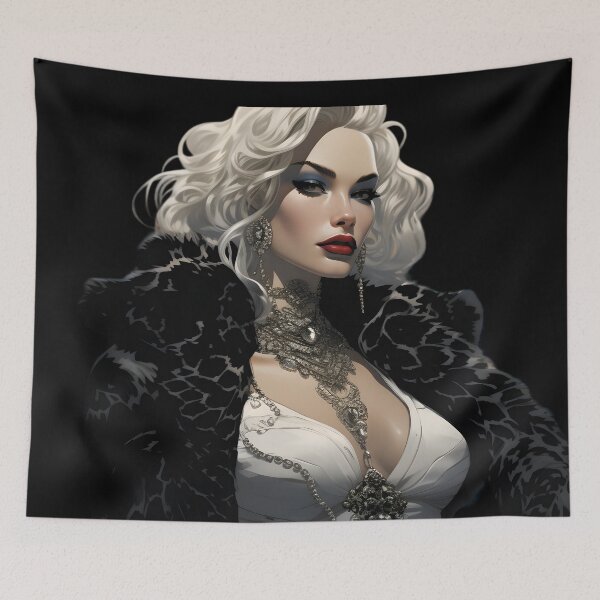 Item preview, Cartoon of a woman with long white hair in the style of Cruella de Vil designed and sold by AI-Only Creations.