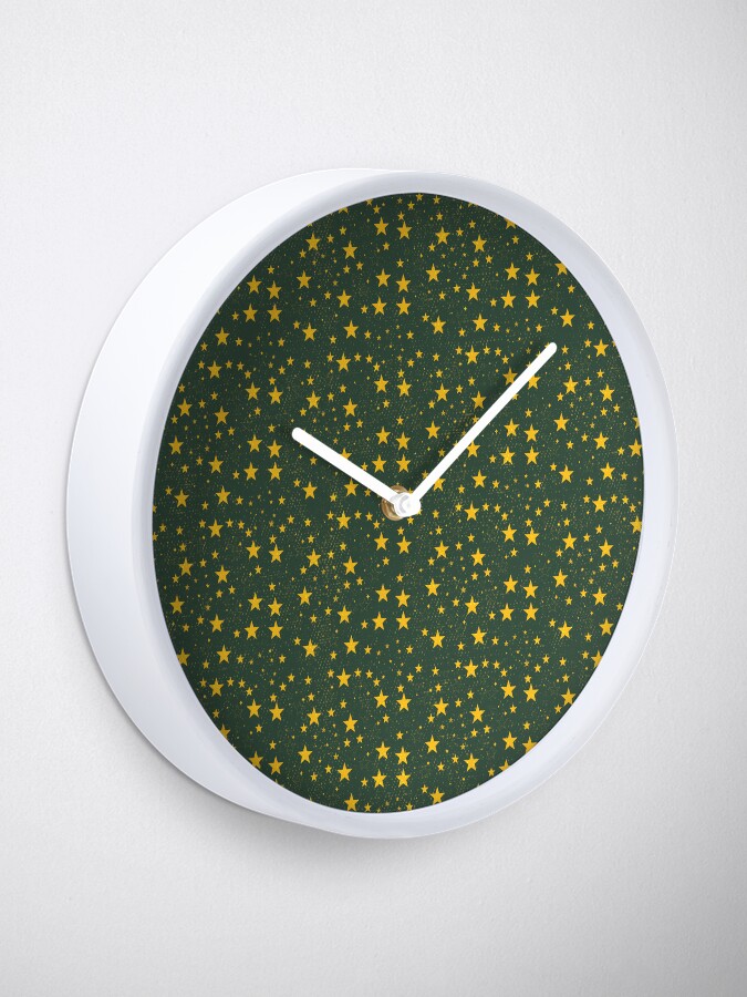Clock, Stars grange pattern on the olive green background designed and sold by Victoria Riabov
