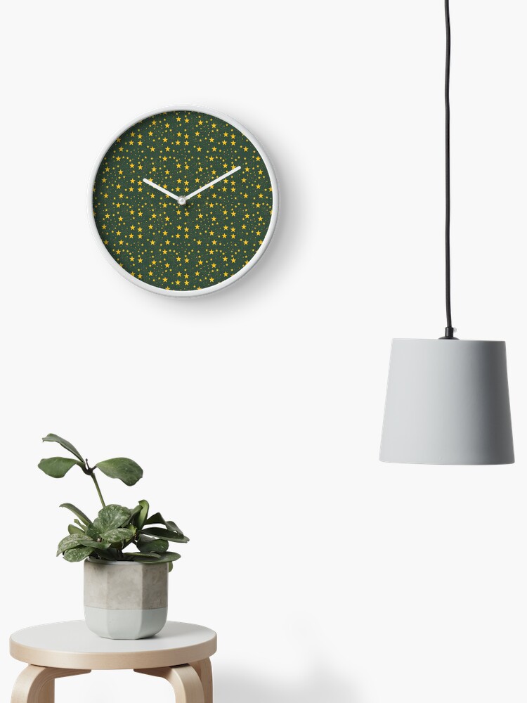 Thumbnail 1 of 4, Clock, Stars grange pattern on the olive green background designed and sold by Victoria Riabov.