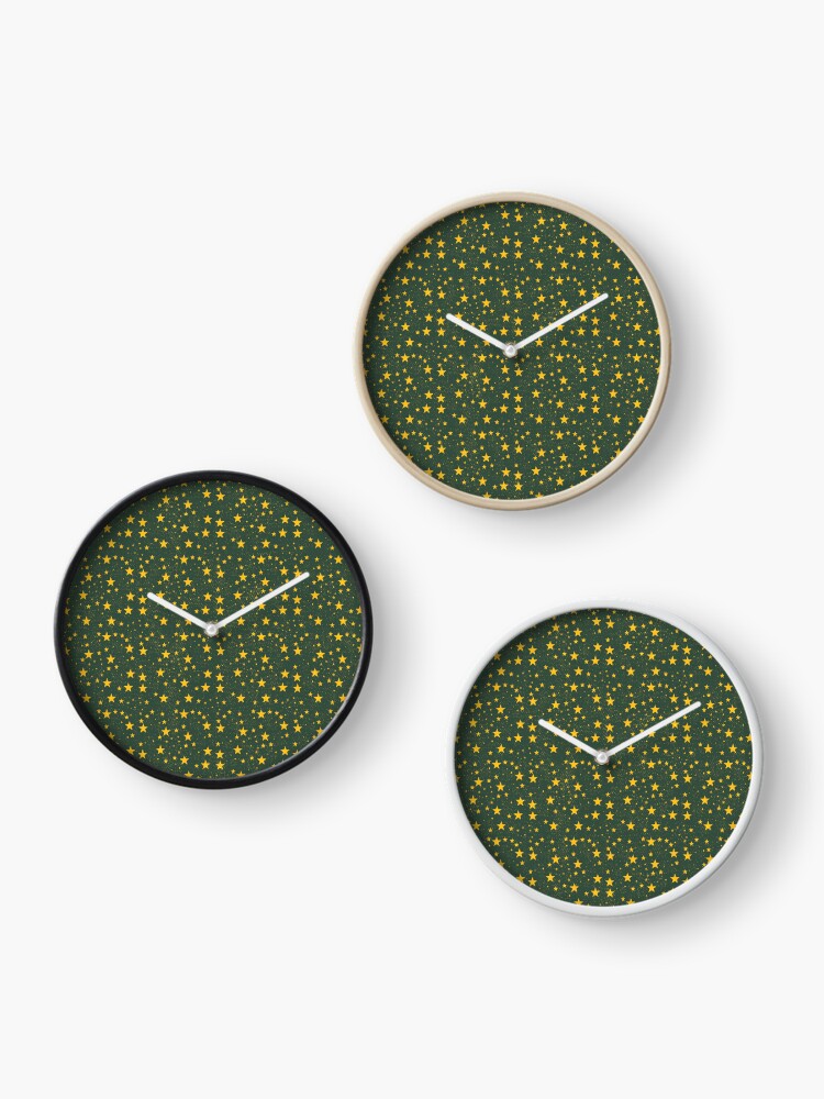 Clock, Stars grange pattern on the olive green background designed and sold by Victoria Riabov