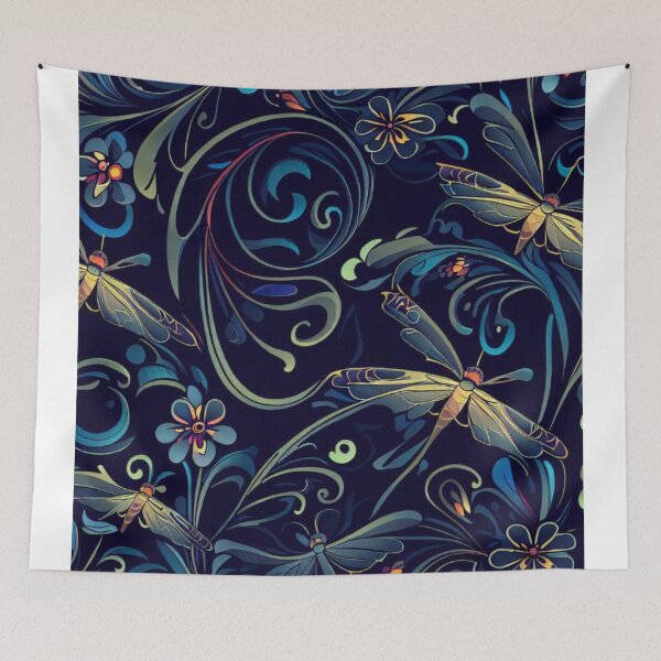 Item preview, Art nouveau dragonflies on dark blue designed and sold by ArtNouveauLou.