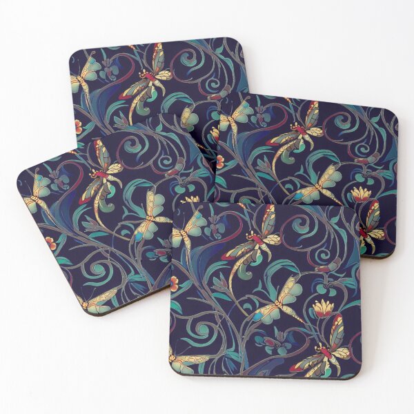 Item preview,  Art nouveau dragonflies on dark blue with aqua designed and sold by ArtNouveauLou.