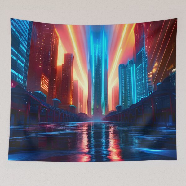 Item preview, Ribbons Of Neon Fire Across A Cyber City designed and sold by Ink Art Design.