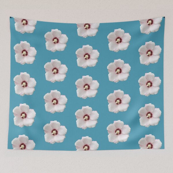 Item preview, Rose of Sharon aka Hibiscus with Dew Drops - blue background designed and sold by Louise-Mae.