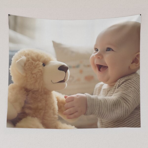 Item preview, Cute baby with his stuffed toy designed and sold by WallWhimsyWorks.