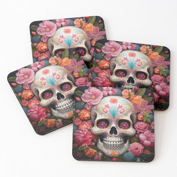 Item preview, Mexican sugar skull with colourful  flowers on black background designed and sold by Inktown.