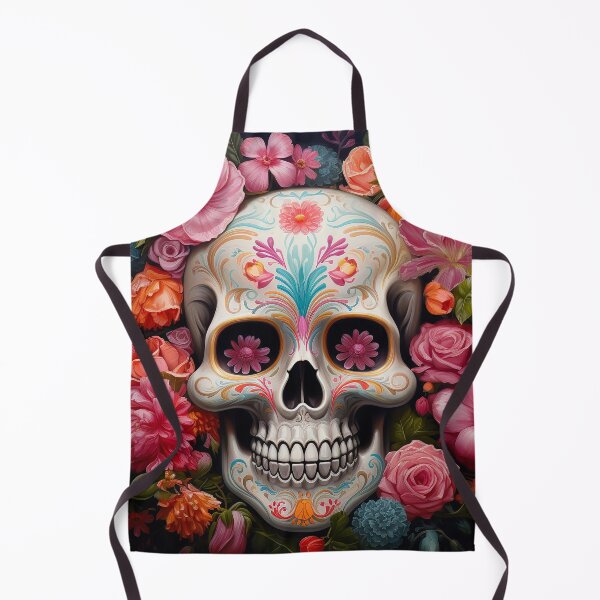 Item preview, Mexican sugar skull with colourful flowers on black background designed and sold by Inktown.