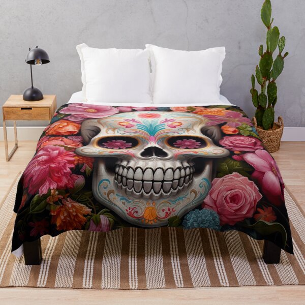 Item preview, Mexican sugar skull with colourful flowers on black background designed and sold by Inktown.