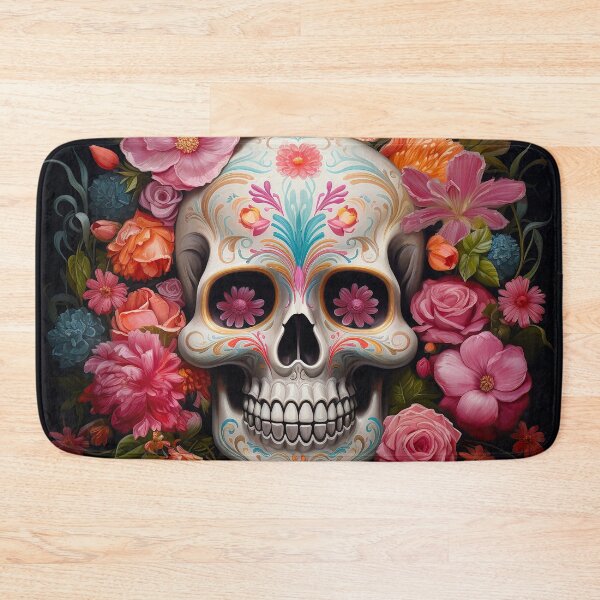 Item preview, Mexican sugar skull with colourful  flowers on black background designed and sold by Inktown.