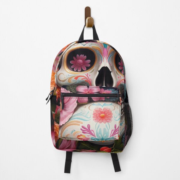 Item preview, Mexican sugar skull with colourful flowers on black background designed and sold by Inktown.