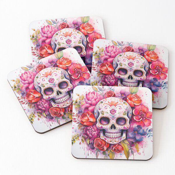 Item preview, Mexican sugar skull with colourful  flowers watercolor designed and sold by Inktown.